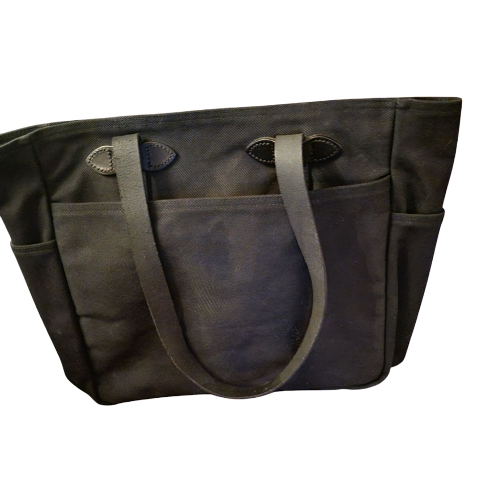 Filson black canvas tote with leather handles NWOT